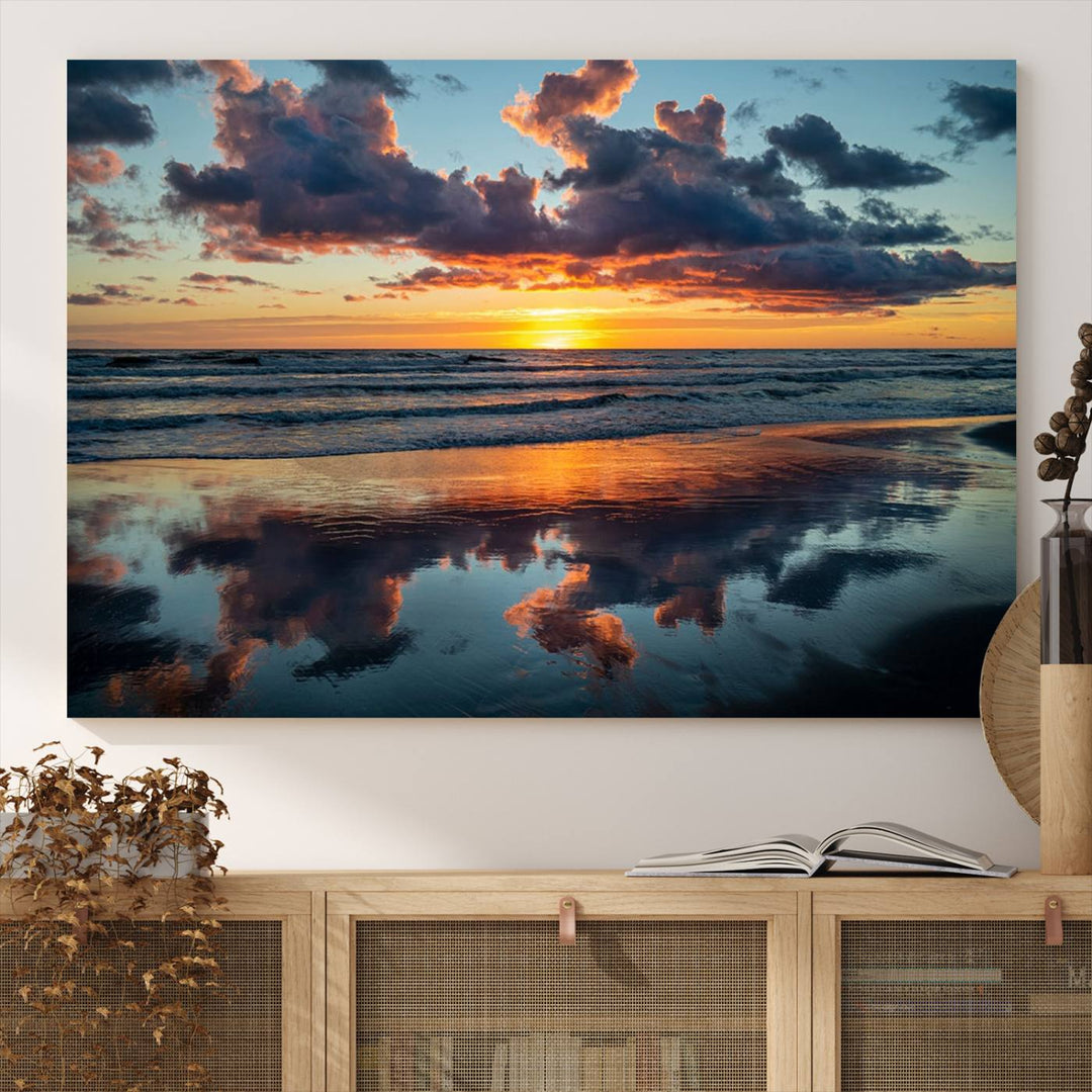 A Beach Sunset Print - Stunning Ocean Canvas Artwork adorns the wall.