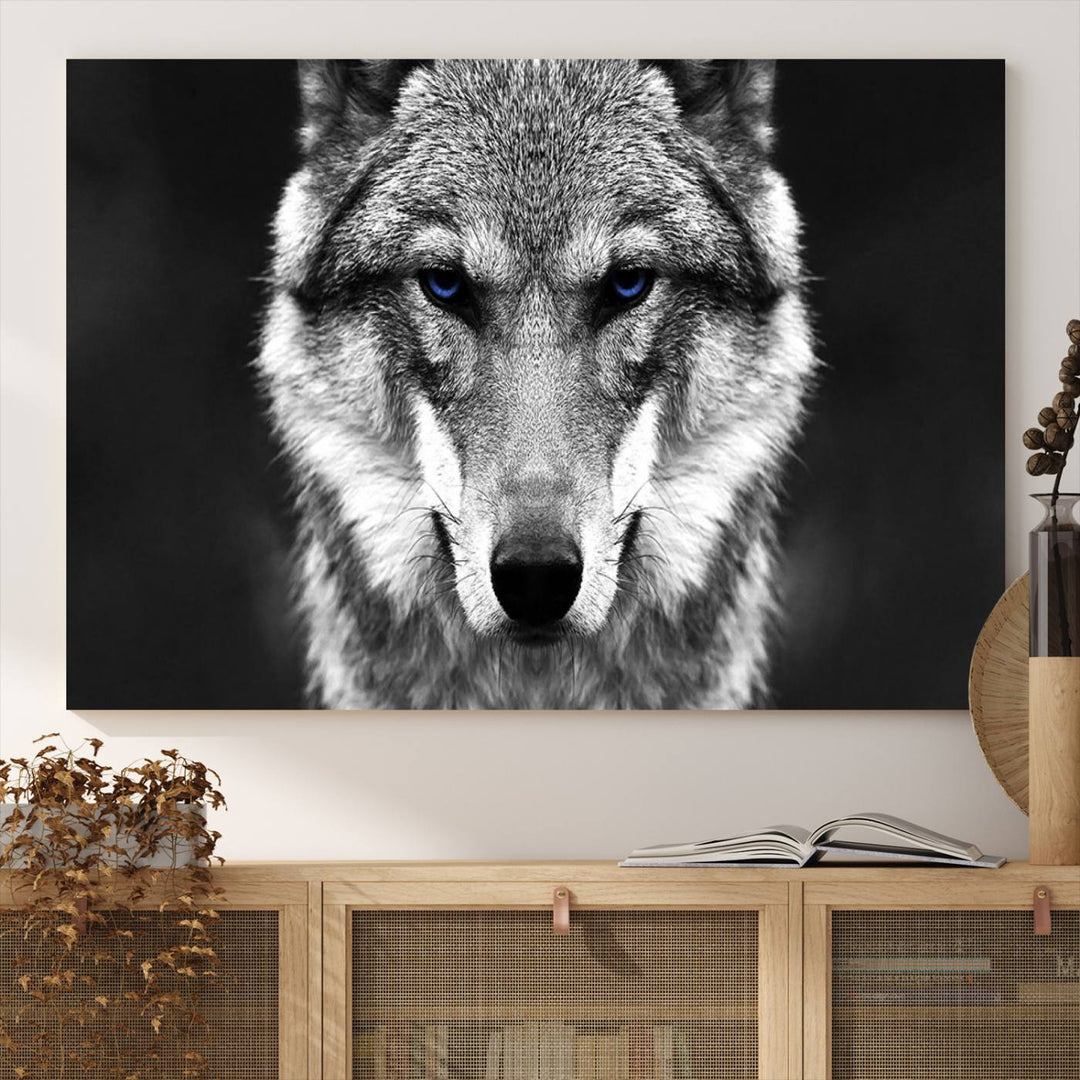 A ready-to-hang Black and White Wild Wolf Wall Art Canvas Print.