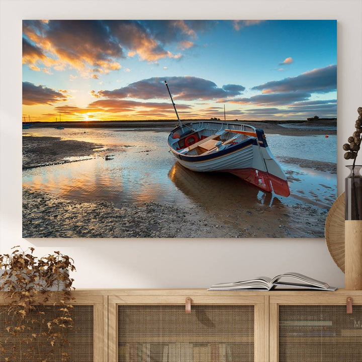 The Small Boat At The Beach Sunset wall art canvas print features UV coating, is museum-quality, and is ready to hang.