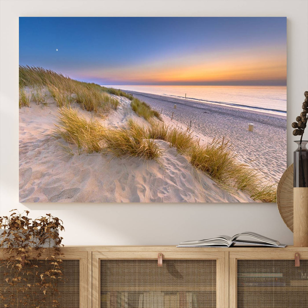 The cozy kitchen features the Sunrise On The Beach canvas art.