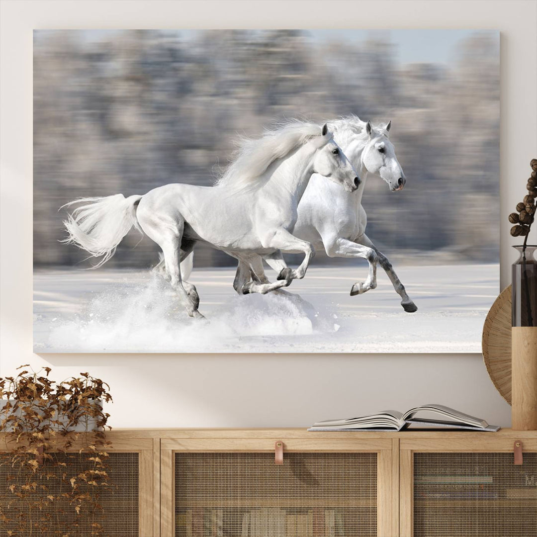 Museum-quality All The White Horses canvas print of two white horses in snow, ready to hang.