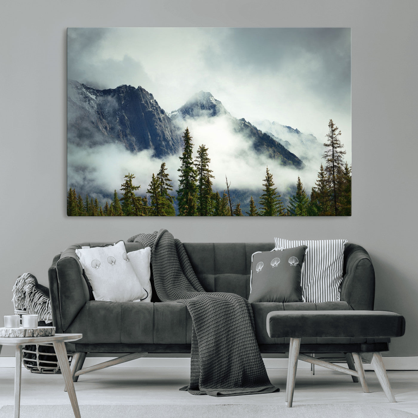 MGV-CV-36X24 - Mountain Mist Canvas Wall Art | 3-Panel Foggy Forest and Mountain Landscape | Large Giclee Print for Living Room, Office, or Cabin, Farmhouse Decor