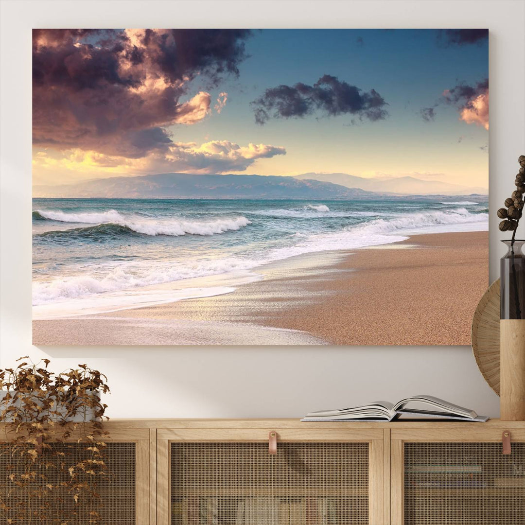 The dining area is enhanced with the Cloudy Weather Beach Sunset Canvas Print.