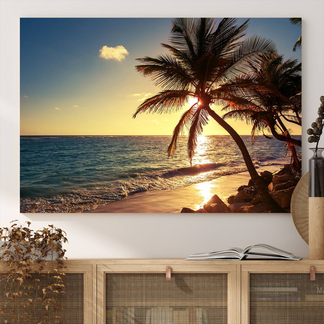 Sunset Palm Trees Wall Art Canvas Print: a serene beach scene on museum-quality canvas.