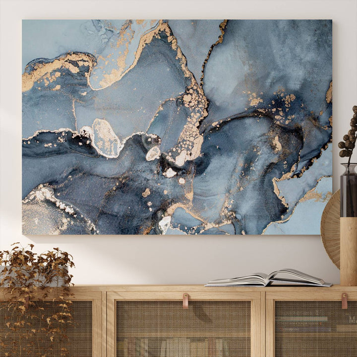 A Multipanel Marble Fluid Effect Canvas Print hangs prominently on the wall.