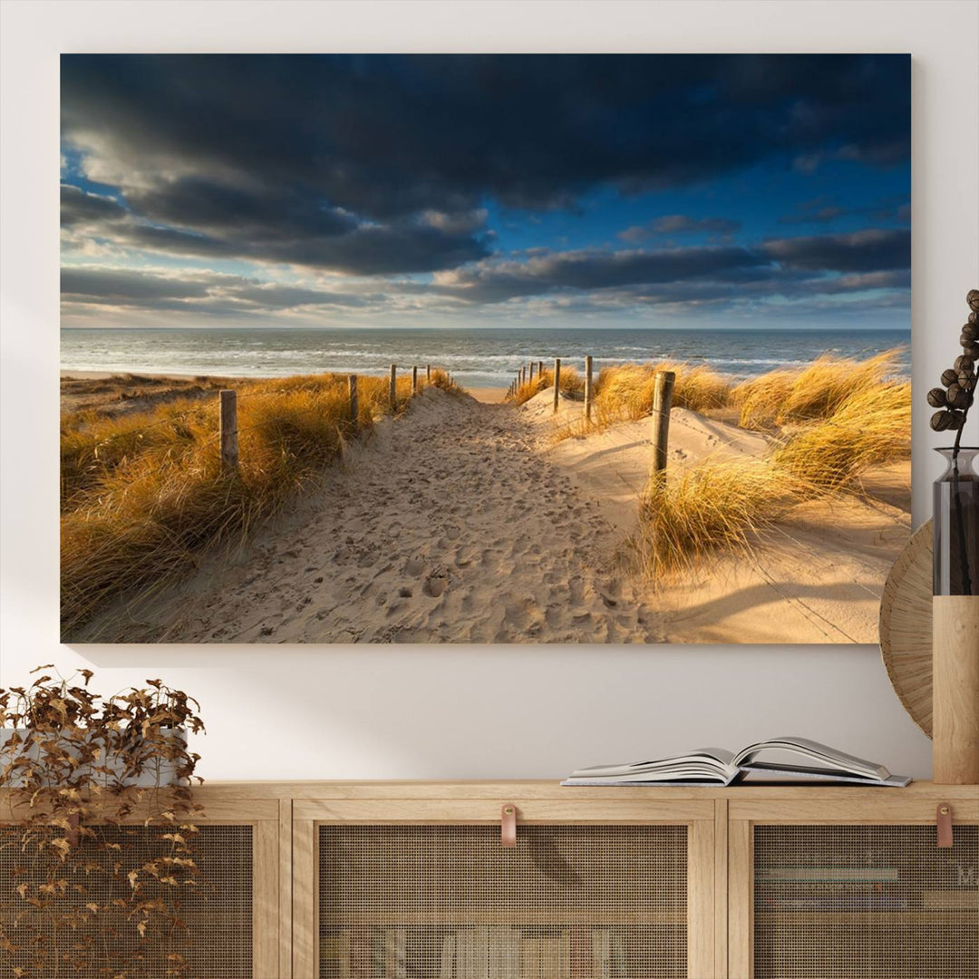 Museum-quality Ocean Beach Dark Clouds canvas print.