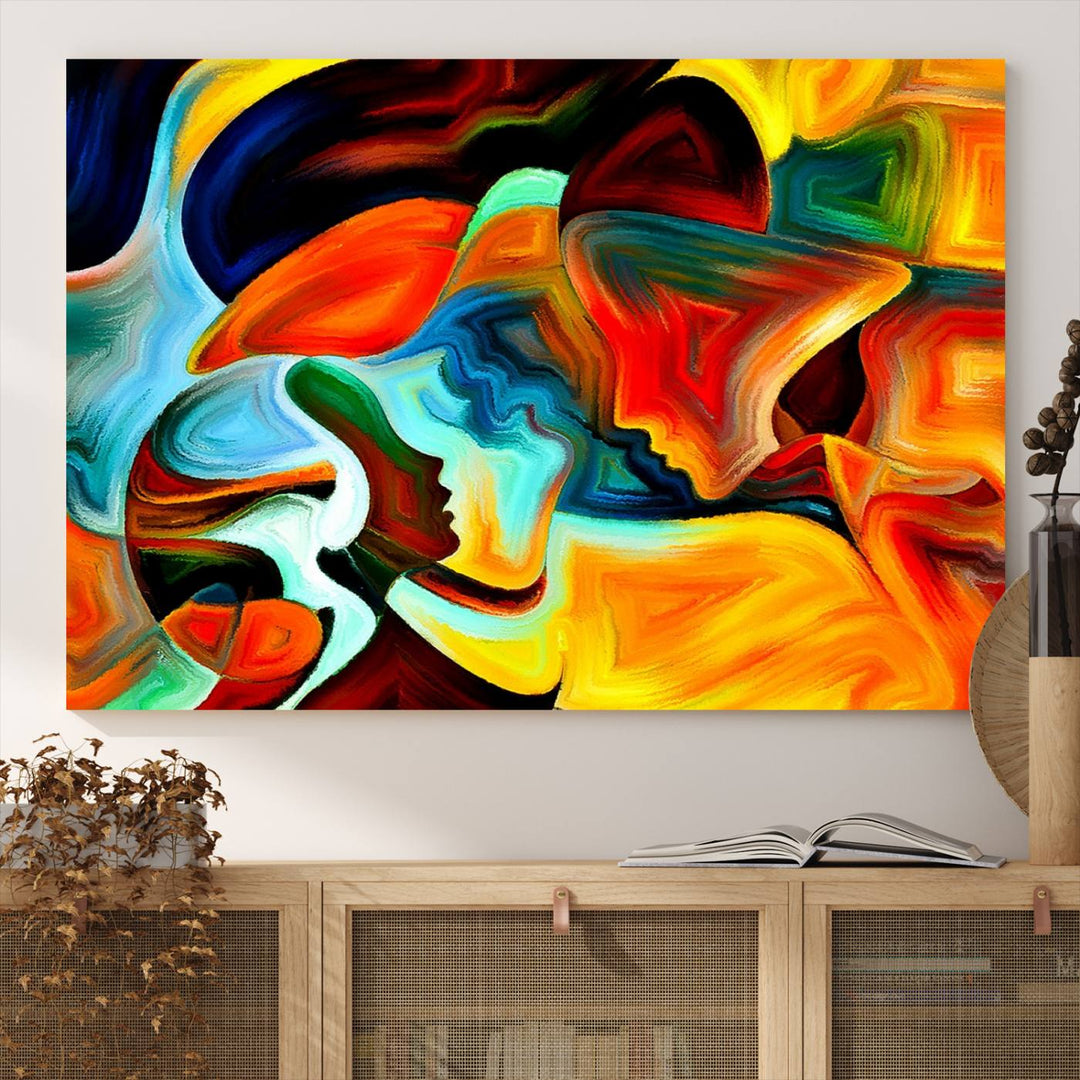 The kitchen wall features the Human Love Figures Abstract Wall Art Canvas Print.