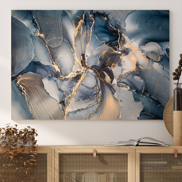 Abstract wall art canvas print is displayed prominently, adding a modern touch to the decor.