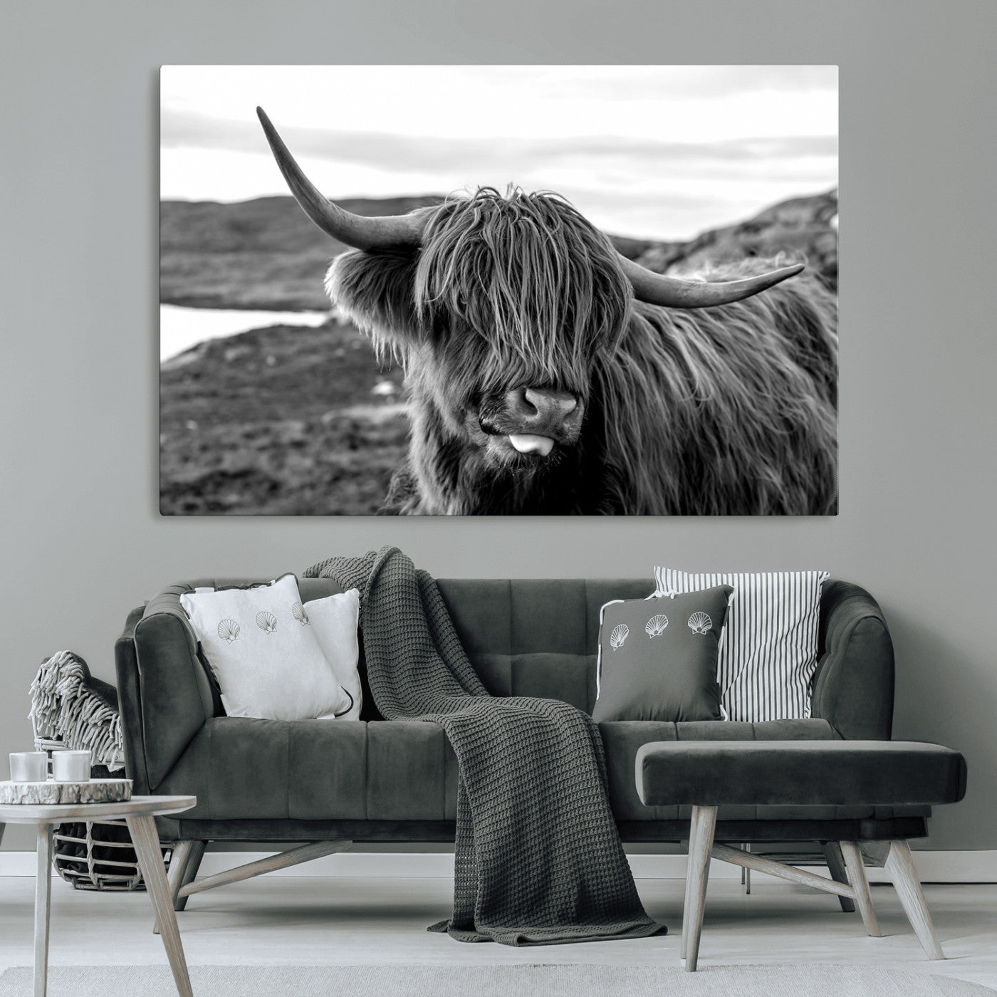 MGV-CV-36X24 - Highland Cow Canvas Wall Art – Black and White Animal Portrait – Framed and Ready to Hang Rustic Farmhouse Decor for Living Room or Office