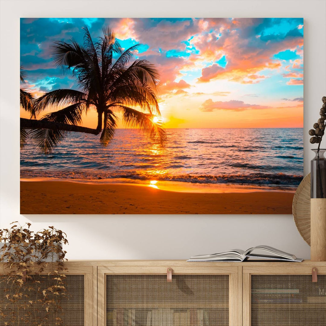 The Palm Tree Sunset On The Beach ready-to-hang canvas wall art—museum quality—brings a serene atmosphere to the room.