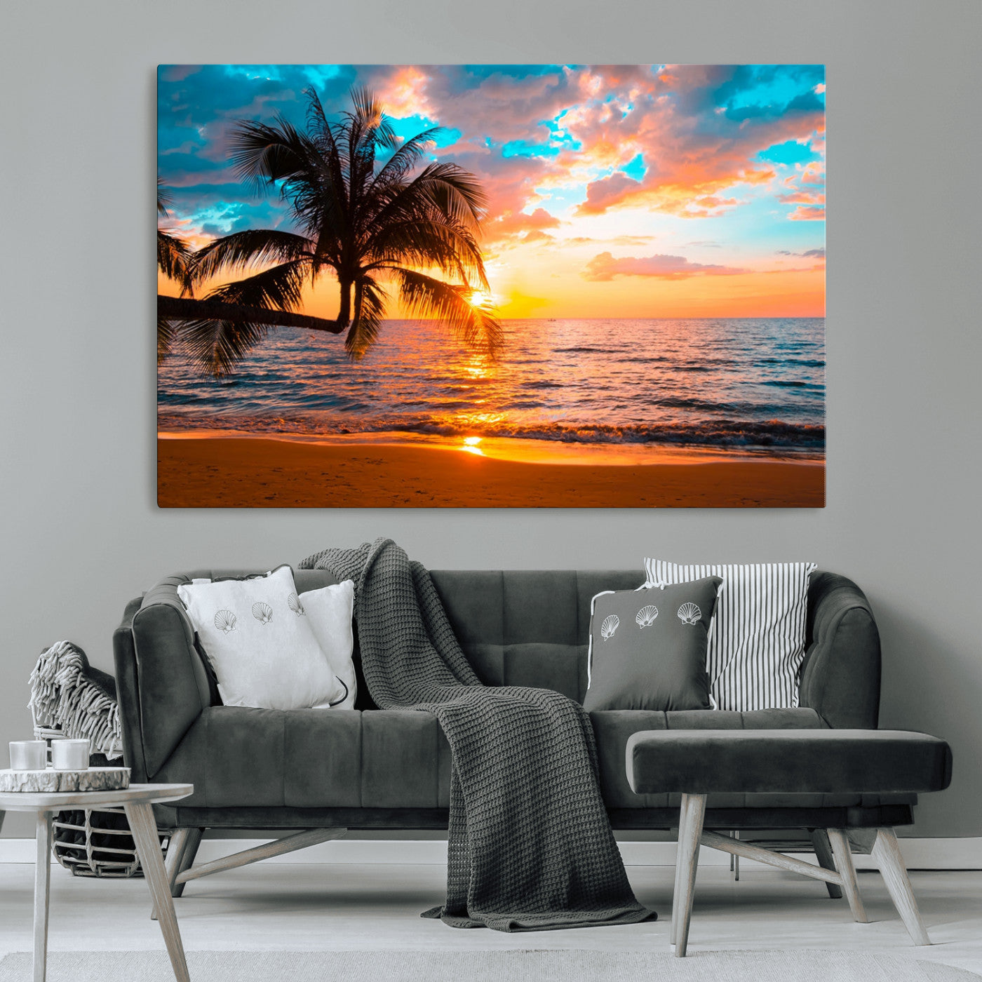 -Palm Tree Sunset On The Beach Wall Art Canvas, Framed Palm Tree Sunset Canvas Print