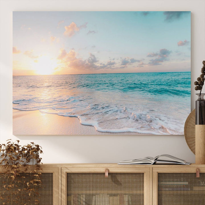 The room features a 3-panel Tranquil Ocean Beach Sunset Canvas Wall Art.