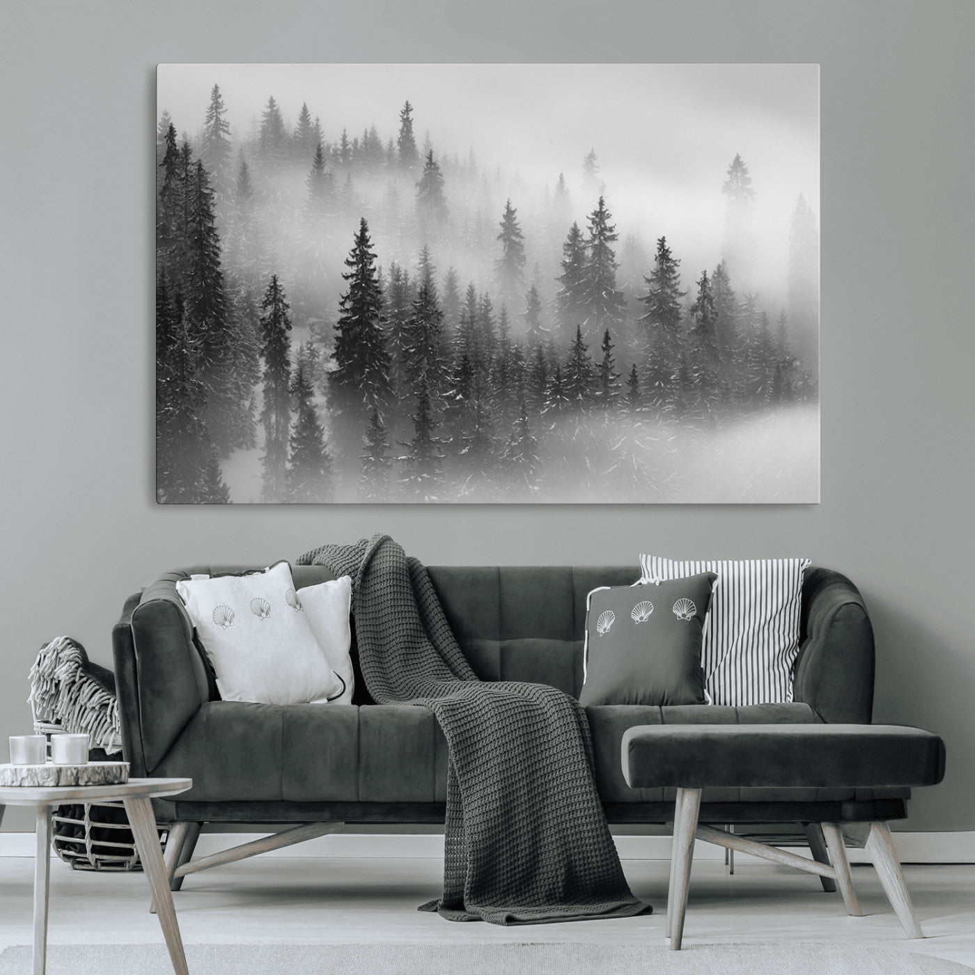 MGV-CV-36X24 - Black and White Forest Wall Art Print – Misty Pine Tree Canvas Print – Winter Woodland Nature Artwork – Perfect for Minimalist Home Decor
