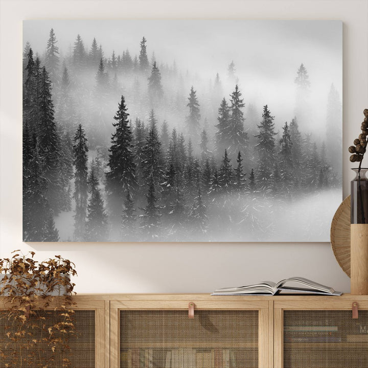 A stunning Foggy Misty Forest Canvas Wall Art adorns the kitchen wall.