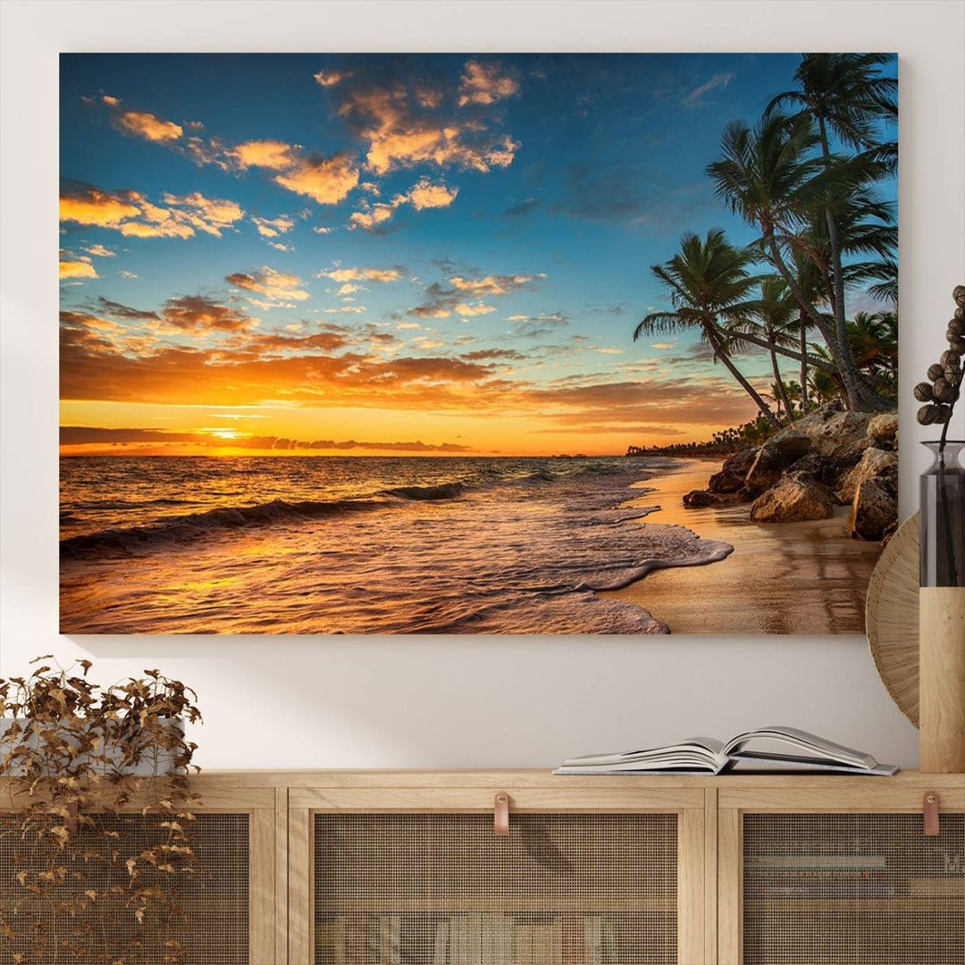 A stunning beach sunset on a museum-quality Sunset Wall Art Canvas Print adorns the kitchen wall.