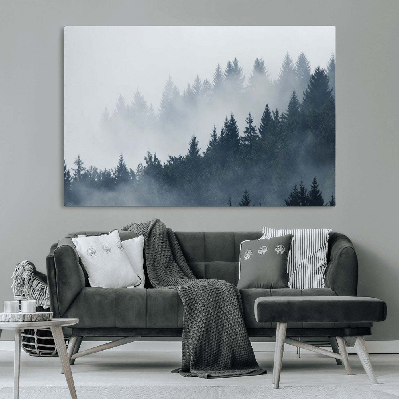 MGV-CV-36X24 - Misty Forest Wall Art Print – Foggy Pine Tree Canvas Print – Dark Woodland Nature Artwork – Perfect for Minimalist and Modern Home Decor