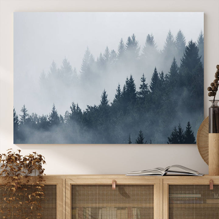 A large Foggy Pine Forest Wall Art Canvas Print.