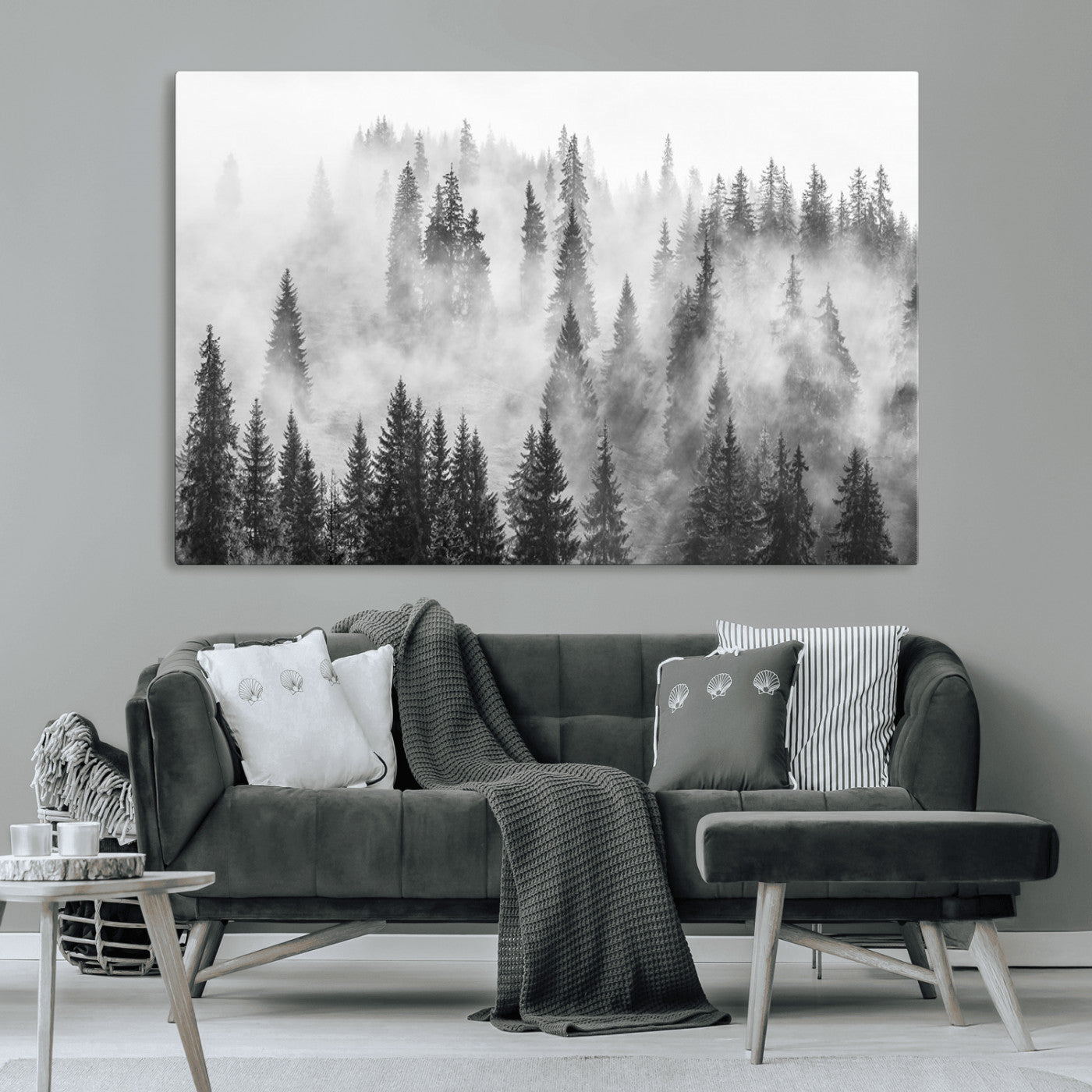 MGV-CV-36X24 - Forest Wall Art Print | Foggy Pine Forest Canvas Wall Art - Black and White Nature-Inspired Decor for Living Room, Modern Forest Landscape Print, Ready to Hang