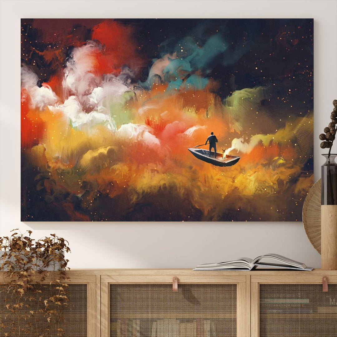 Surreal Space Adventure Canvas Wall Art features a person in a boat.