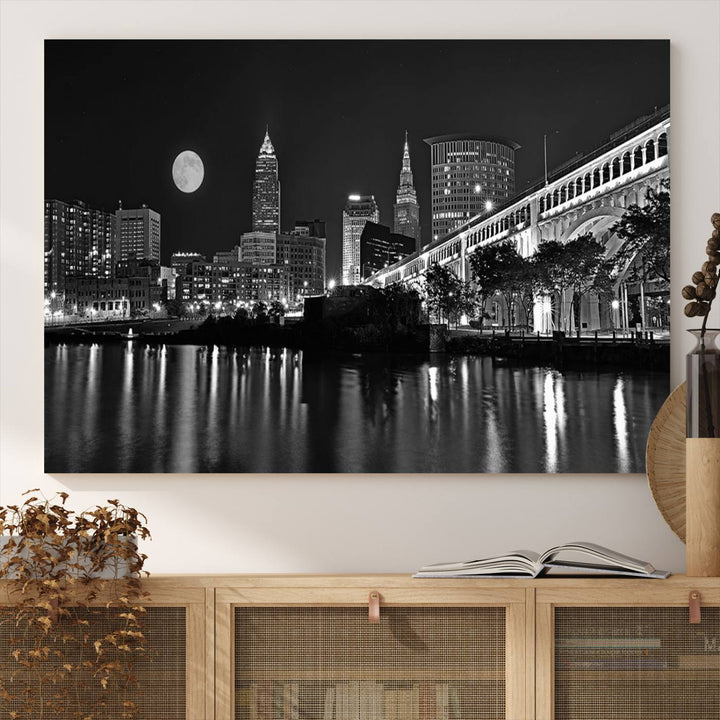 Cleveland Night Skyline Canvas Print: A museum-quality piece, ready to hang, featuring a stunning full moon and its reflections below.