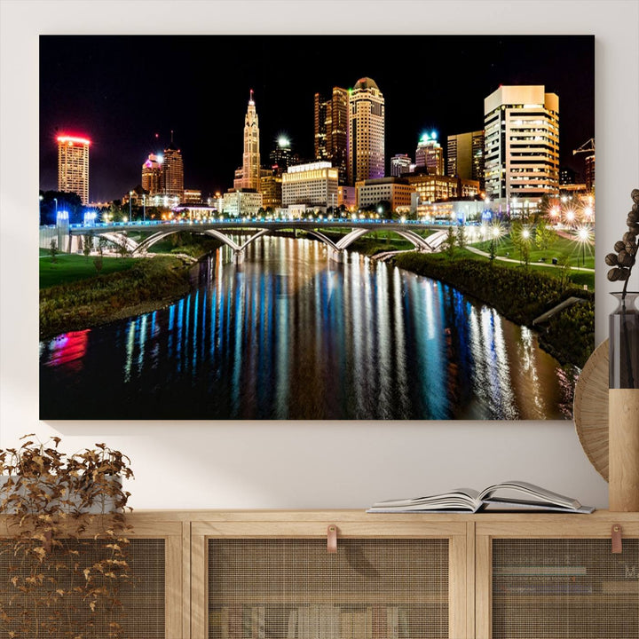 The Columbus City Lights Night Skyline Wall Art Canvas Print adorns the wall.