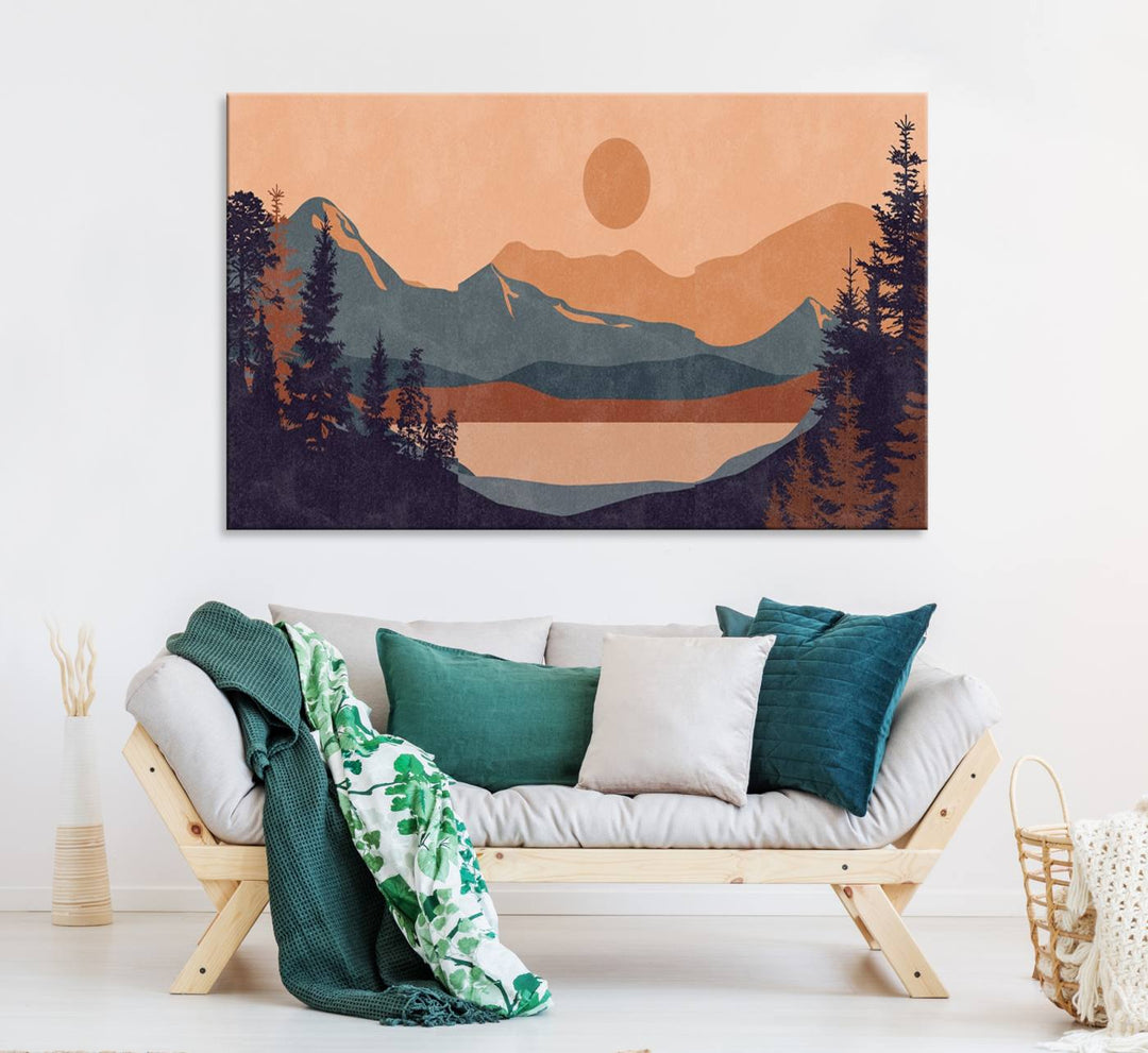 The Modern Boho Sunset Triptych displays a mountain sunset.