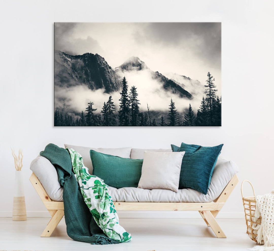 Forest Mountain Print - Black and White Canvas.