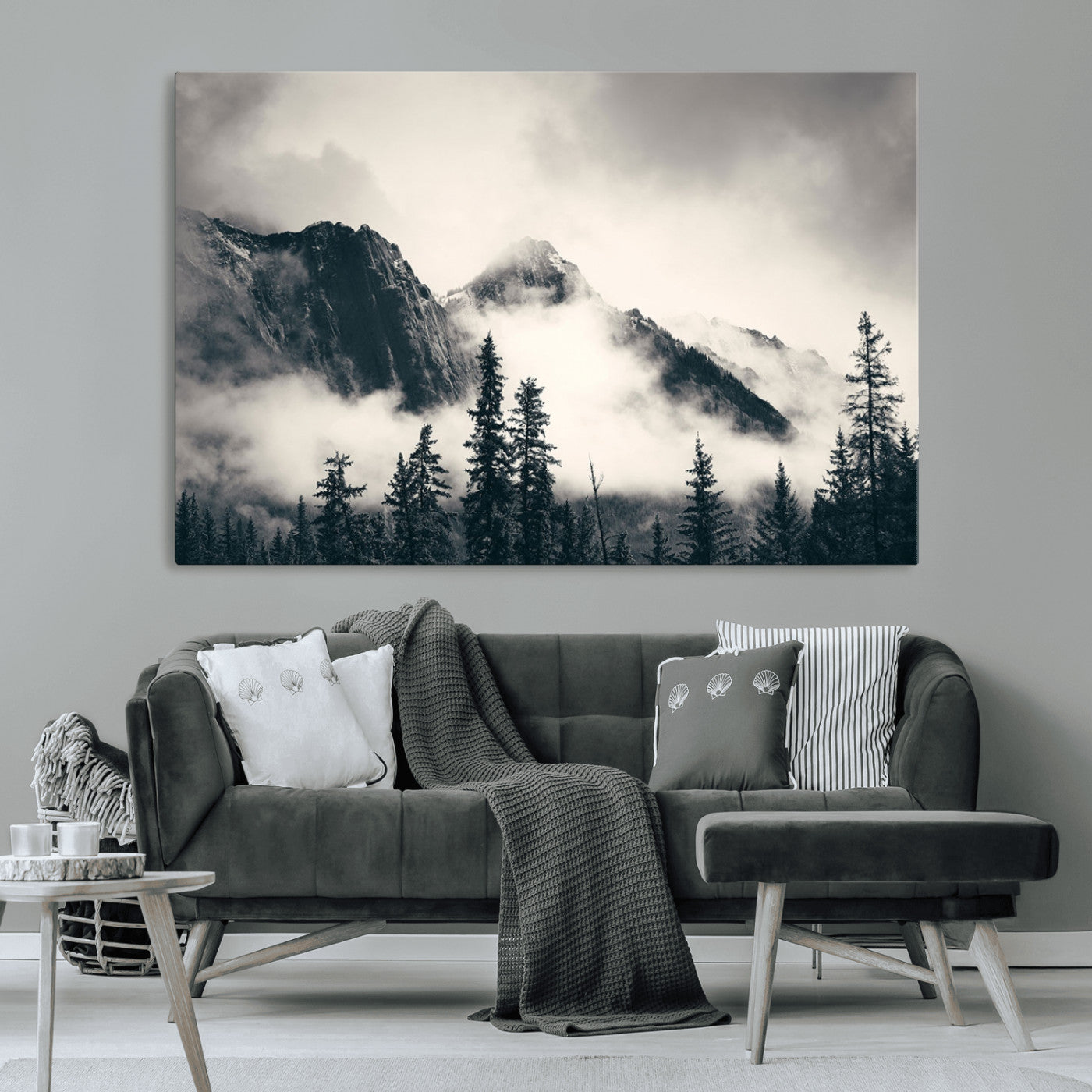 MGV-CV-36X24 - Large Foggy Mountain Forest Wall Art Canvas Print | Misty Mountain Peaks and Pine Trees Print | Framed Gallery Wrap | Rustic Nature Farmhouse Decor