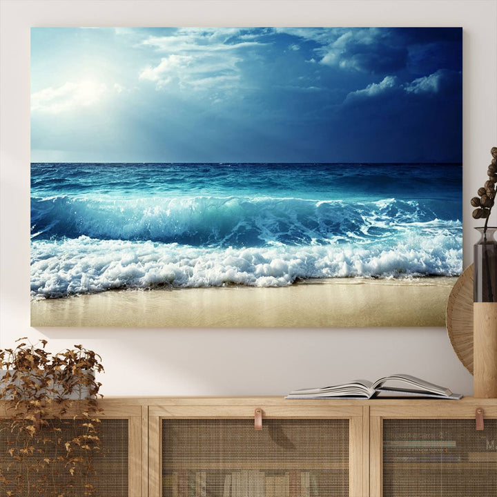 The Majestic Ocean Wave Wall Art Canvas, a 3-panel seascape print, is featured prominently.