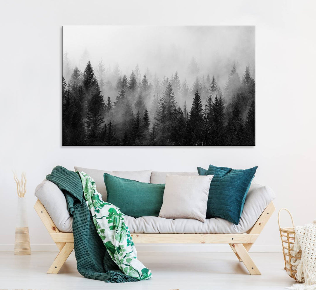 Fogy Forest Canvas Art features misty pines and a mountain landscape.