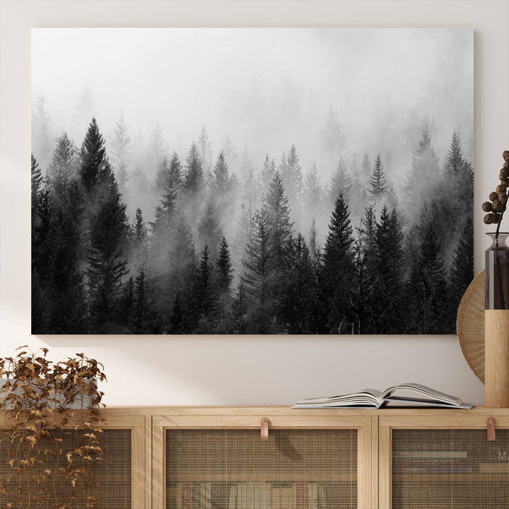 The Foggy B&W Forest Wall Art, featuring pine trees, enhances the minimalist kitchen ambiance.