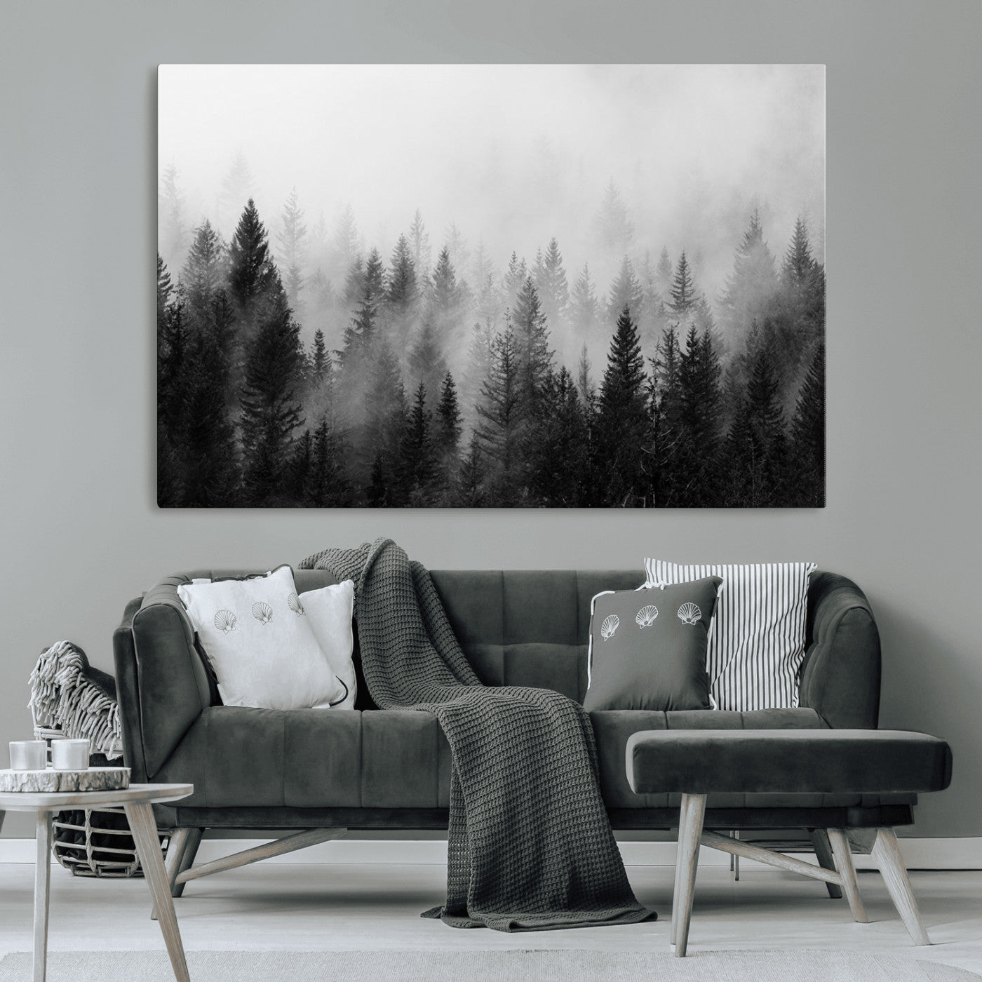 MGV-CV-36X24 - Foggy Black and White Forest Wall Art, 3 Panel Misty Pine Trees Canvas Print for Living Room, Office, or Bedroom, Nature-Inspired Woodland Wall Decor