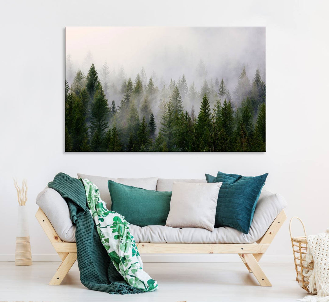 A serene, foggy evergreen forest creates a mysterious atmosphere, ideal for premium canvas wall art.