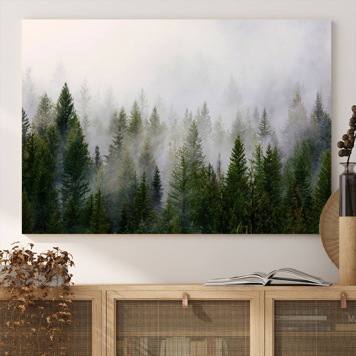 Misty Pine Forest Canvas Print serves as a foggy forest decor piece in the kitchen.