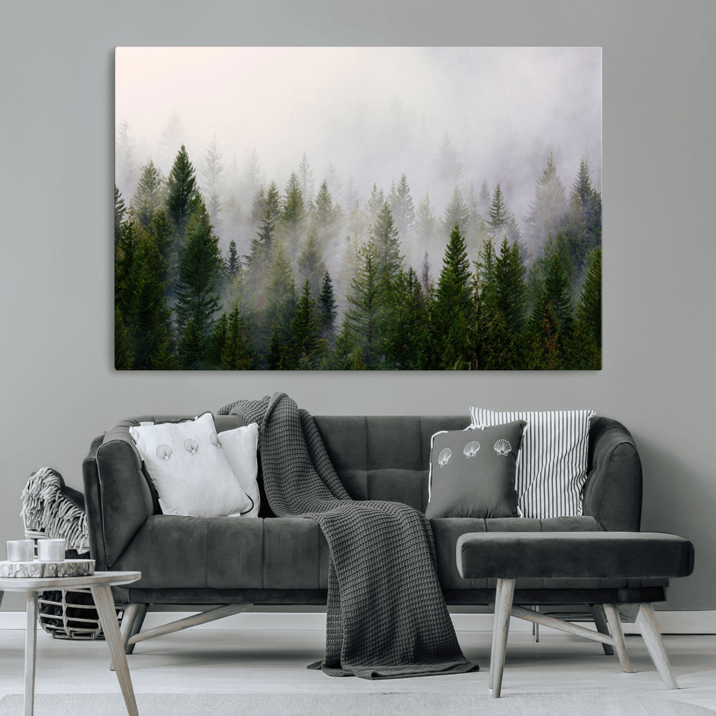 MGV-CV-36X24 - Misty Pine Forest Wall Art Canvas Print | 3 Panel Green Woodland Canvas Print for Living Room, Office, or Dining Room | Nature Foggy Forest Decor