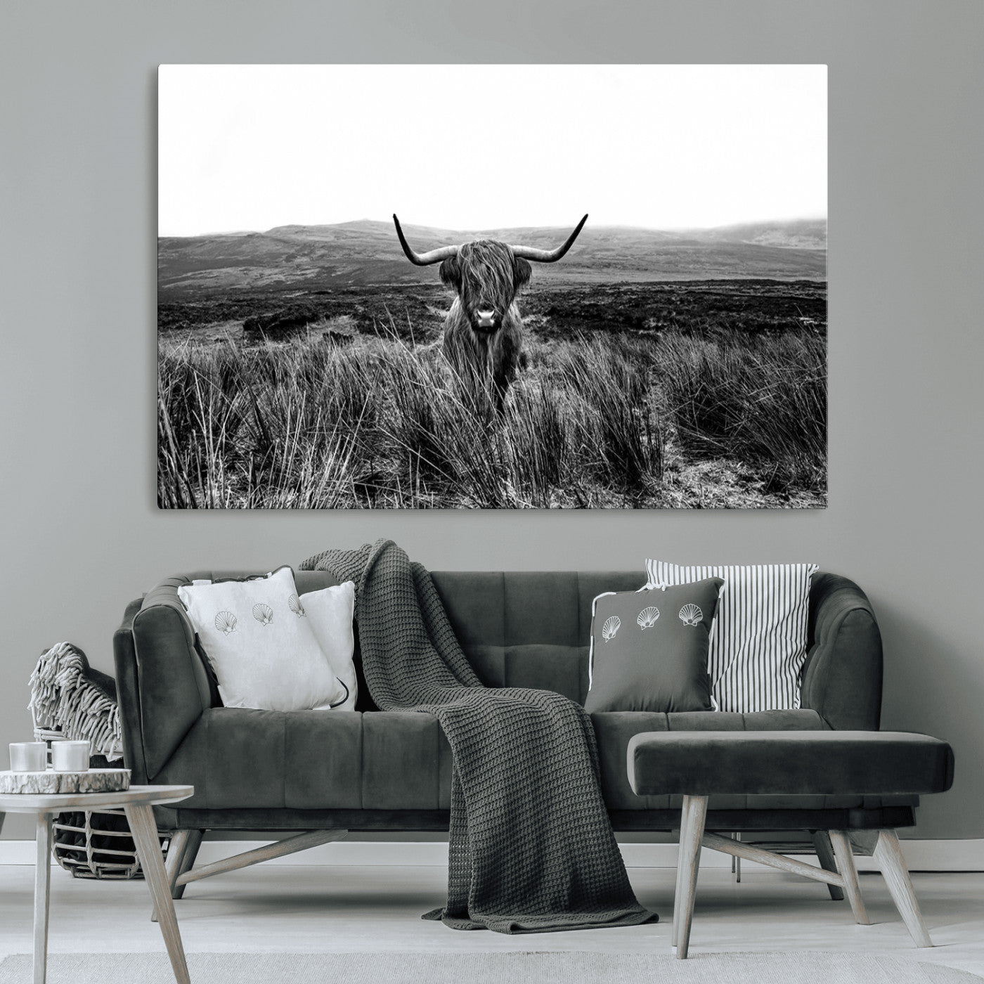 MGV-CV-36X24 - Black and White Highland Cow Canvas Wall Art, Longhorn Triptych Western Decor for Cabin - Farmhouse Wall Decor
