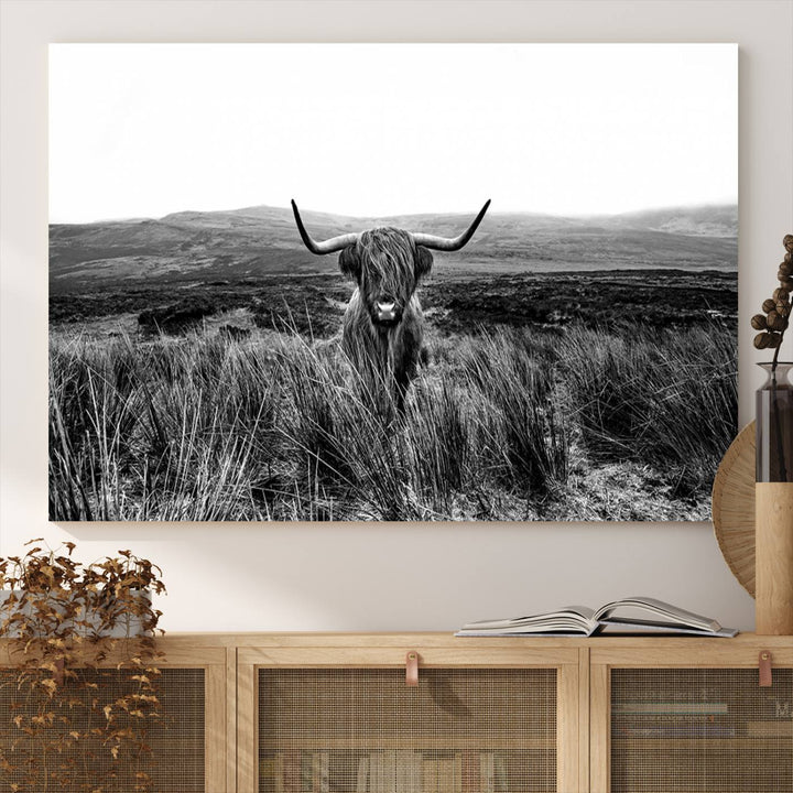 Dining room featuring a Black and White Highland Cow Canvas for a Western-themed decor.