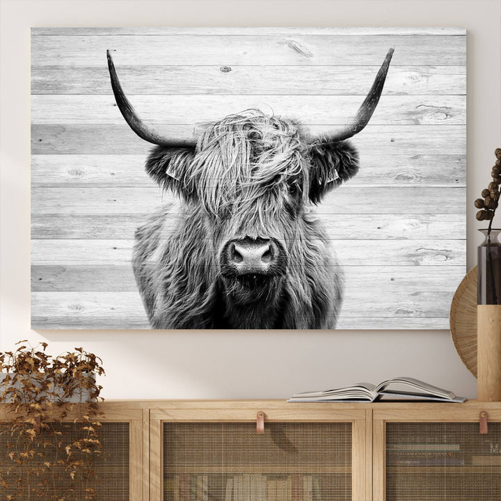 Scottish Highland Cow Cattle Art adds rustic farmhouse charm to the space.