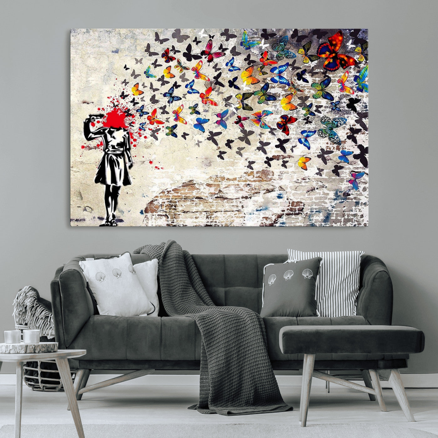 MGV-CV-36X24 - Banksy Art Butterfly Girl Explosion Canvas Art – Vibrant Urban Graffiti for Modern Interiors - Ready to Hang