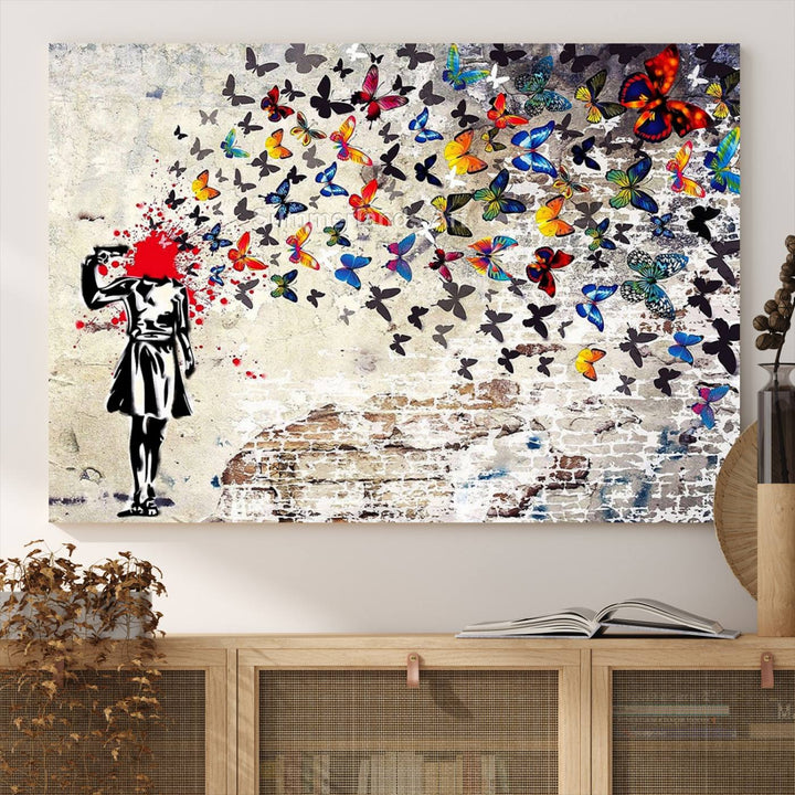 Banksy Art Butterfly Girl Explosion: Vibrant urban graffiti canvas for modern interiors, ready to hang.