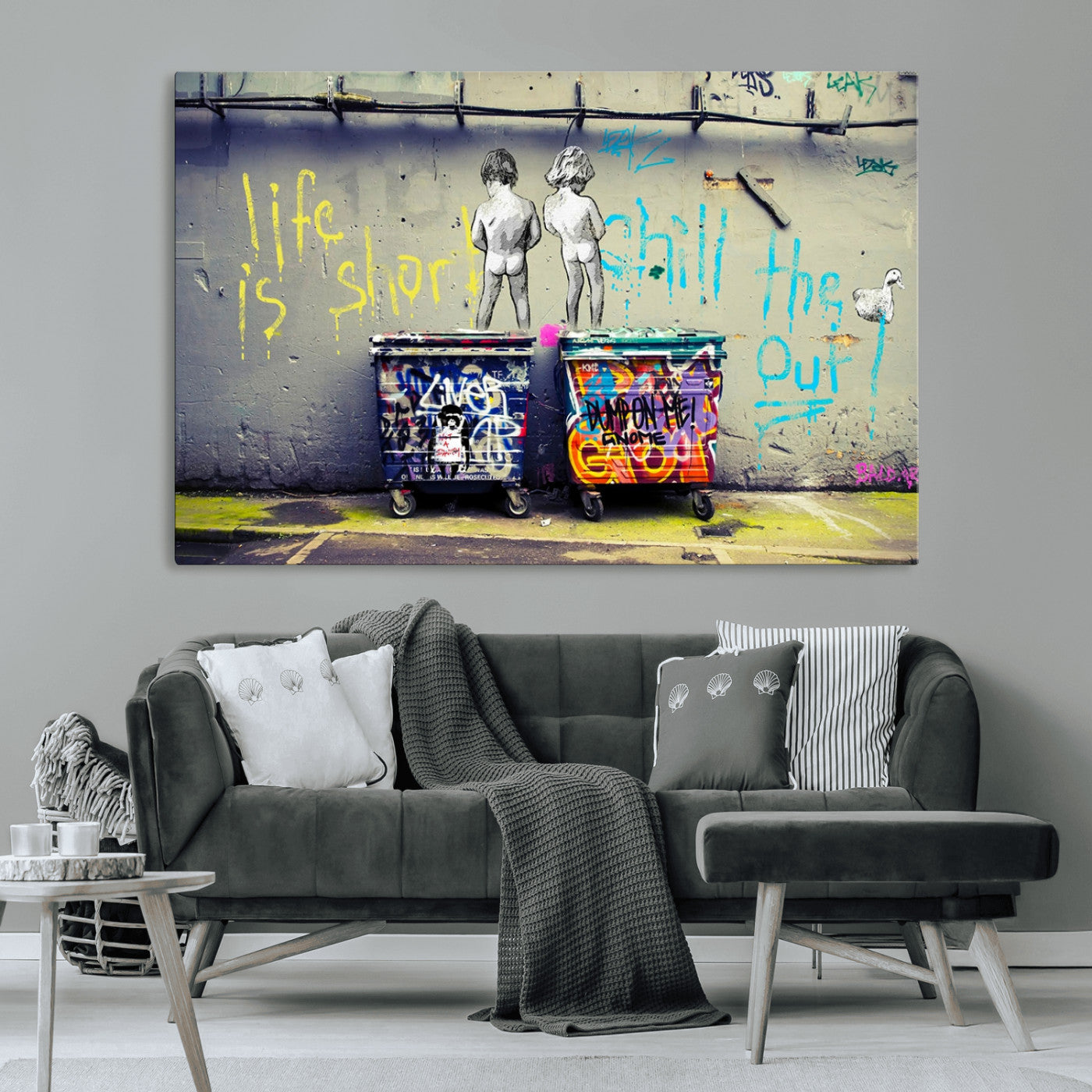 MGV-CV-36X24 - Banksy Life is Short Wall Art - Iconic Graffiti Art on Framed Ready-to-Hang Canvas - Street Art Inspired Decor