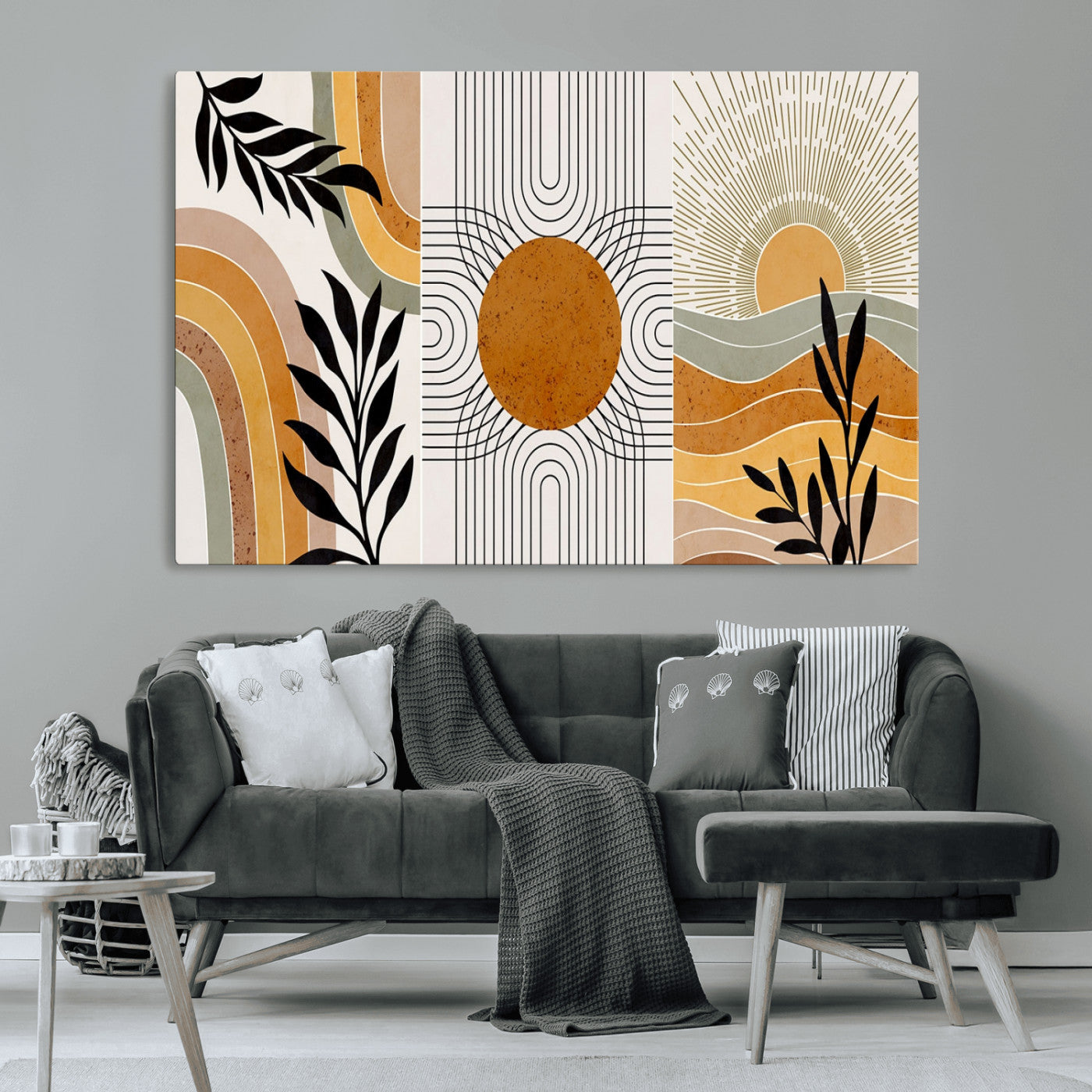 MGV-CV-36X24 - Modern Boho Sun and Leaf Abstract Art – 3-Panel Giclée Canvas for Mid-Century Modern or Bohemian Wall Decor