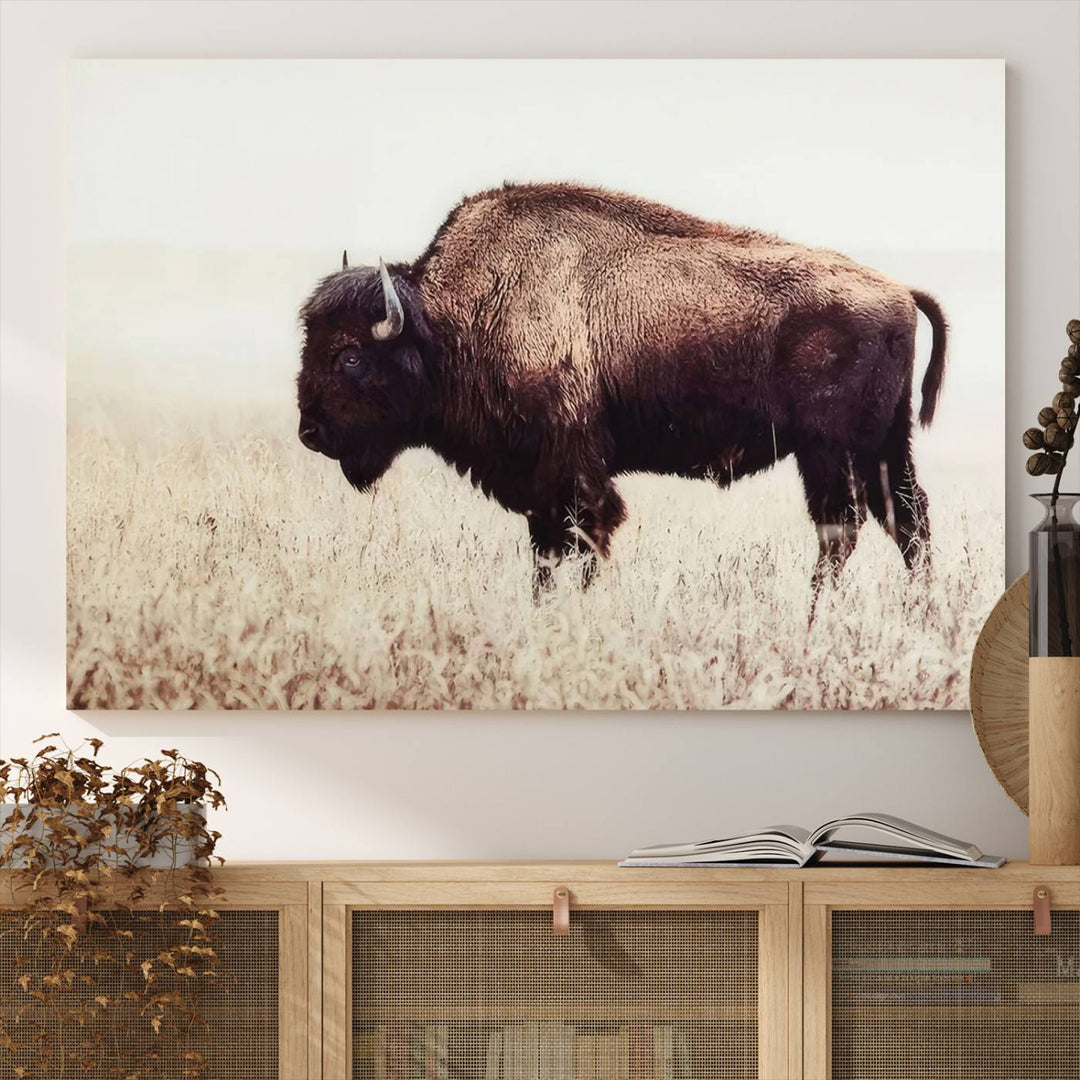 The dining room showcases the Bison in Field canvas print.