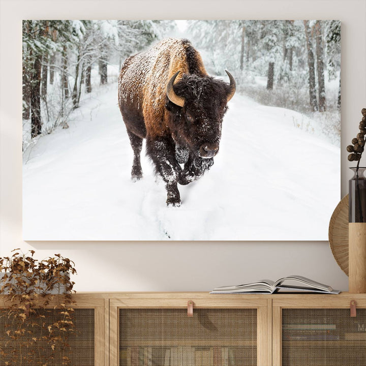 The dining area showcases the Bison Wall Art Canvas Print for Farmhouse.