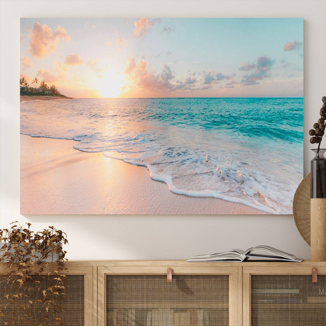 The kitchen features the Beach Sunrise Wall Art, Coastal Sunset Beach Scene.