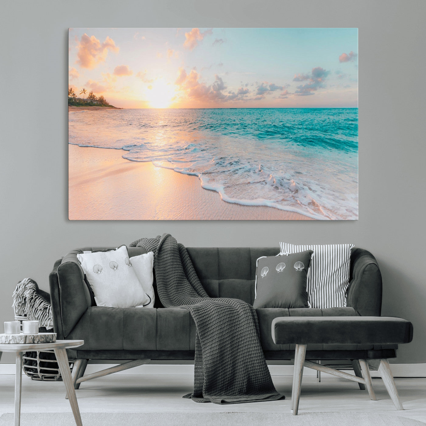 MGV-CV-36X24 - Beach Sunrise Wall Art, Coastal Seascape Canvas Print, Ocean Wave Multi-Panel Giclee, Coastal Sunset Beach Scene for Modern Decor