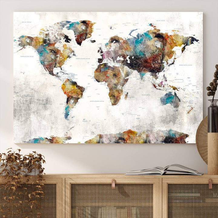 The Colorful World Map Wall Art Canvas Print adds vibrance to the space, ideal for geography lovers.