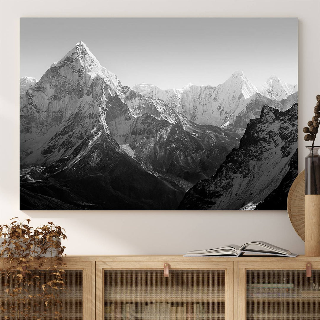 Everest Himalaya Mountain Peaks Black & White Triptych Canvas Art – Mountain Wall Decor for Minimalist Interiors