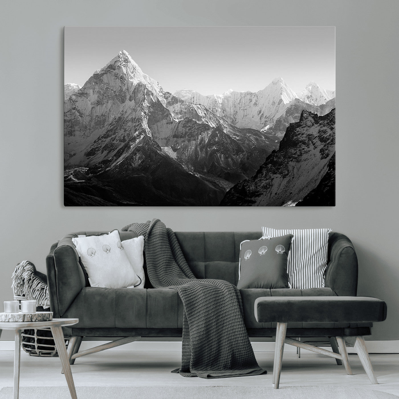 MGV-CV-36X24 - Everest Himalaya Mountain Peaks Black & White Triptych Canvas Art – Mountain Wall Decor for Minimalist Interiors