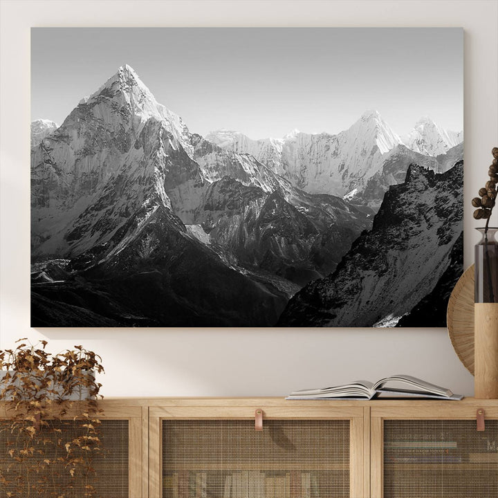 Everest Himalaya Mountain Peaks Black & White Triptych Canvas Art – Mountain Wall Decor for Minimalist Interiors